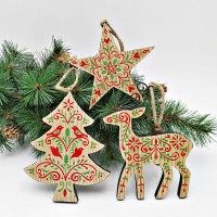 New Product Colorful Pattern Christmas Tree Decoration Wooden Hanging Ornaments for Xmas Holiday Season Decor